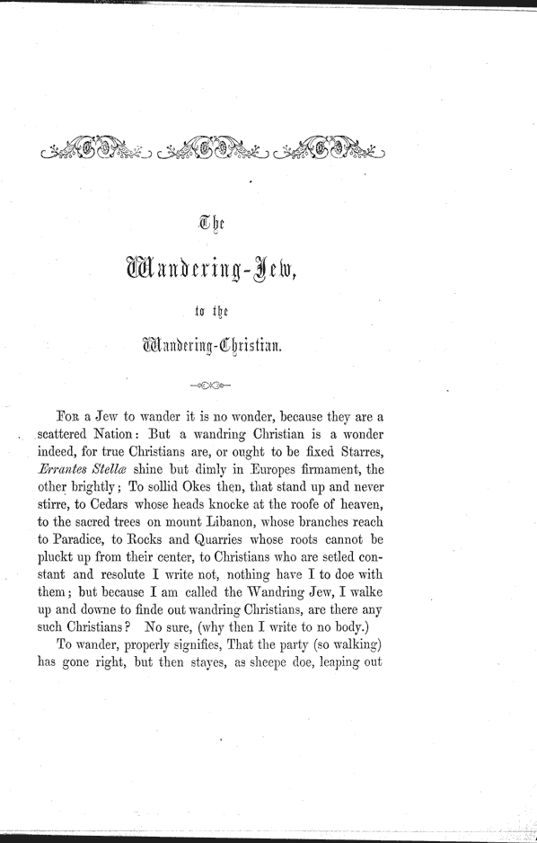 James Halliwell (ed) 'Books of Characters, illustrating the Habits and Manners of English', 1857, The Wandering-Jew title, page 3. Original published text area 11.4cm wide by 17.7cm high.