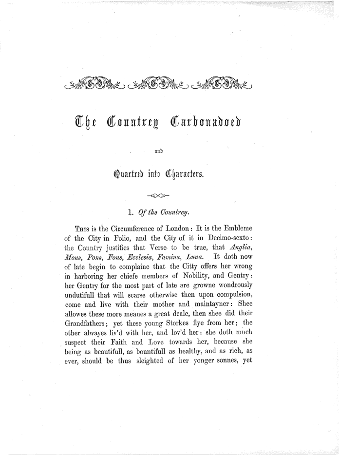 James Halliwell (ed) 'Books of Characters, illustrating the Habits and Manners of English', 1857, London & the Country by D.Lupton, The Countrey Carbonadoed title page, page 303. Original published text area 11.5cm wide by 17.6cm high.