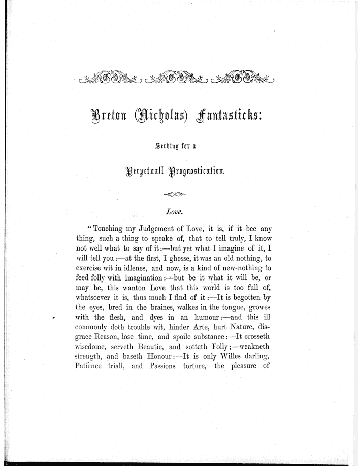 James Halliwell (ed) 'Books of Characters, illustrating the Habits and Manners of English', 1857, Nicholas Breton 'Fantastics', first page of text, page 323. Original published text area 11.5cm wide by 17.6cm high.