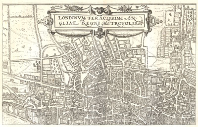 Map of London by Braun, 1574. Published size in Halliwell 23.8cm wide by 15cm high.