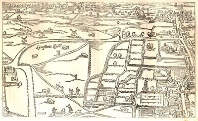 Portion of Aggas's 16th century map of London from the original preserved at the Guildhall. Published size in Halliwell 25cm wide by 15.2cm high.