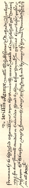 Memorandum dated 1594, the earliest evidence showing Shakespeare's leading part in the Lord Chamberlain's Company. Published size in Halliwell 26.1cm wide by 4cm high.