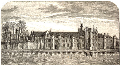 View of Greenwich Palace from a larger Basire engraving (in turn from an ancient drawing) published in 1767. Published size in Halliwell 15cm wide by 8cm high.