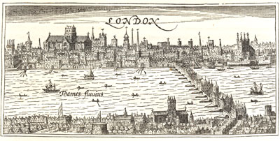 16th to 17th century London, taken from a corner of a map of Great Britain and Ireland engraved by I. Hondius, and possibly the earliest showing the original Globe Theatre. Published size in Halliwell 16cm wide by 7.6cm high.