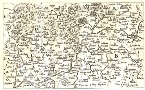 Map of Warwickshire engraved in 1603. Published size in Halliwell 24.6cm wide by 15.1cm high.
