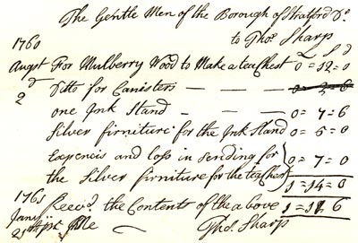 Receipt dated 1760 from the Stratford Corporation to Thomas Sharp for a wood relic allegedly from the original Shakespeare Mulberry Tree cut down in 1758. Published size in Halliwell 12.2cm wide by 8.2cm high.