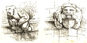 Gargoyles on the Guild Chapel porch, Stratford on Avon. Published size in Halliwell 8.5cm wide by 4.1cm high.