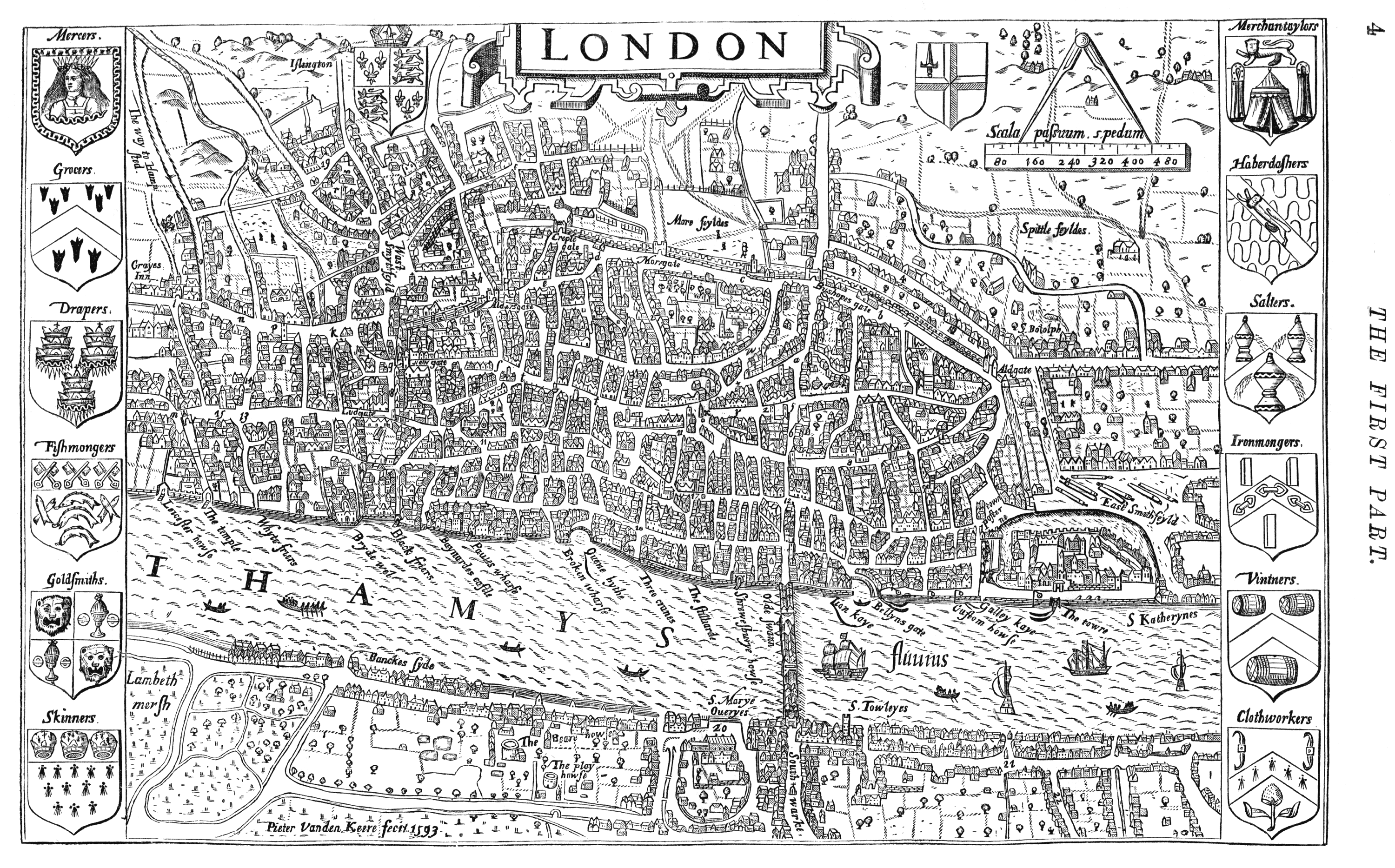 London, engraved by Pieter Vanden Keere in 1593, and in Halliwell taken from a fine original engraving.  From James Halliwell 'Illustrations of the life of Shakespeare' (1874), page 4, published size in Halliwell 24cm wide by 18cm high.