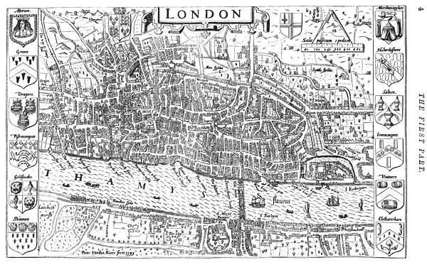 London, engraved by Pieter Vanden Keere in 1593, and in Halliwell taken from a fine original engraving.  From James Halliwell 'Illustrations of the life of Shakespeare' (1874), page 4, published size in Halliwell 24cm wide by 18cm high.