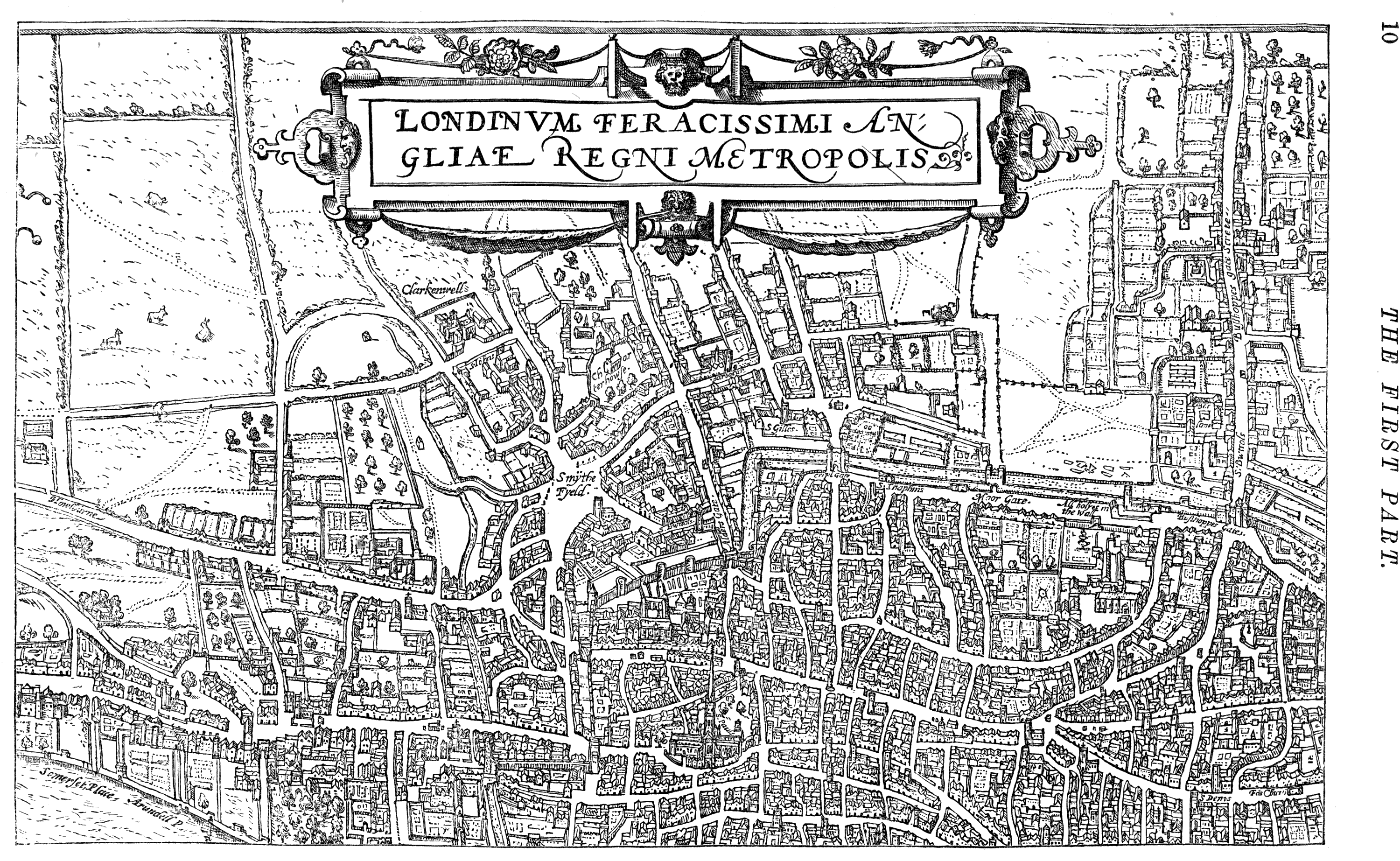 Map of London by Braun, 1574. From James Halliwell 'Illustrations of the life of Shakespeare' (1874), page 10, published size in Halliwell 23.8cm wide by 15cm high.