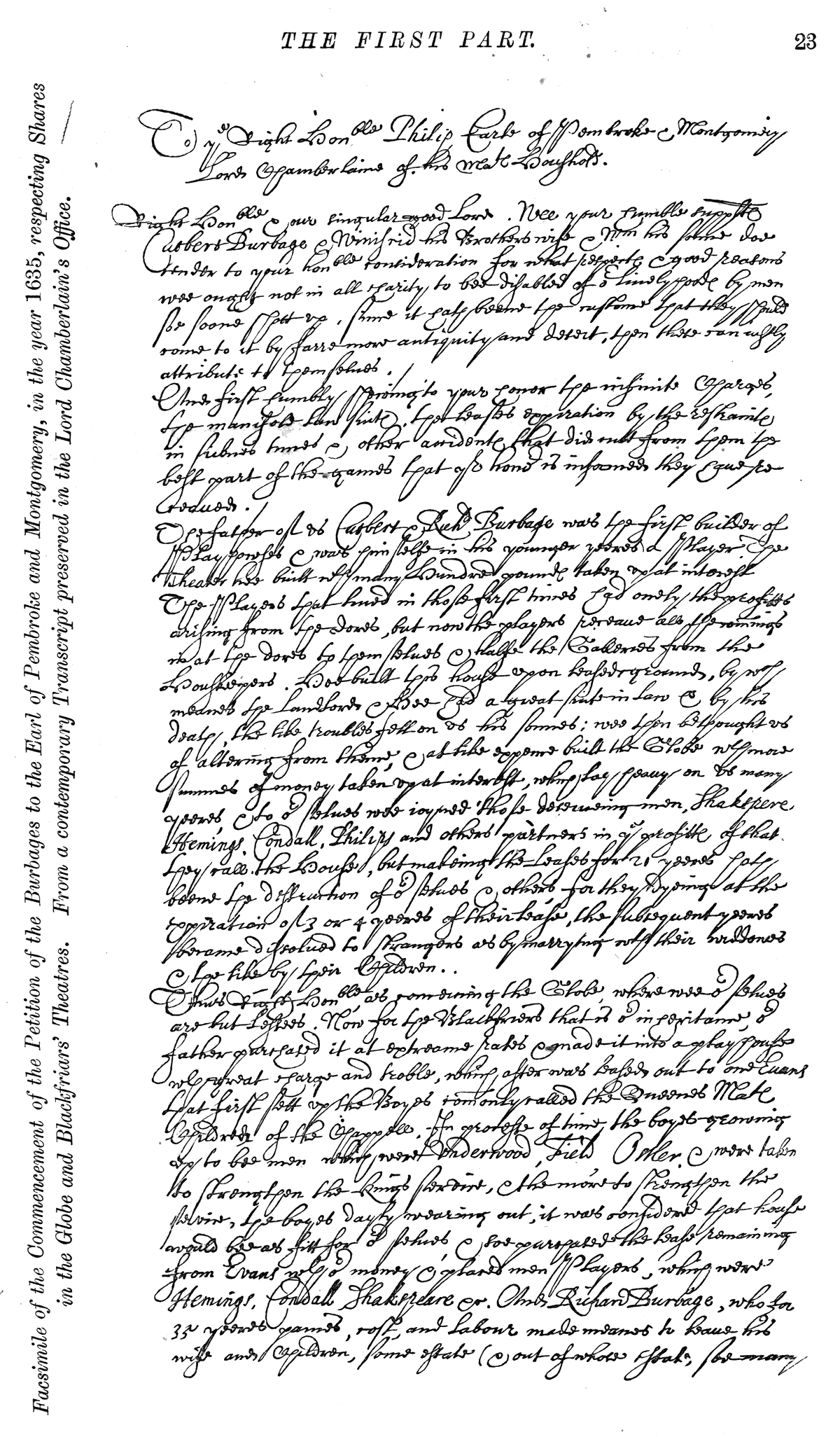 Transcript of commencement of 1635 petition by the Burbages respecting shares in the Globe and Blackfriars theatres. From James Halliwell 'Illustrations of the life of Shakespeare' (1874), page 23, published size for the petition without caption 12.6cm wide by 23.5cm high.