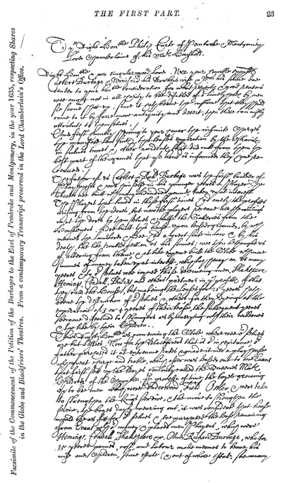 Transcript of commencement of 1635 petition by the Burbages respecting shares in the Globe and Blackfriars theatres. From James Halliwell 'Illustrations of the life of Shakespeare' (1874), page 23, published size for the petition 12.6cm wide by 23.5cm high.