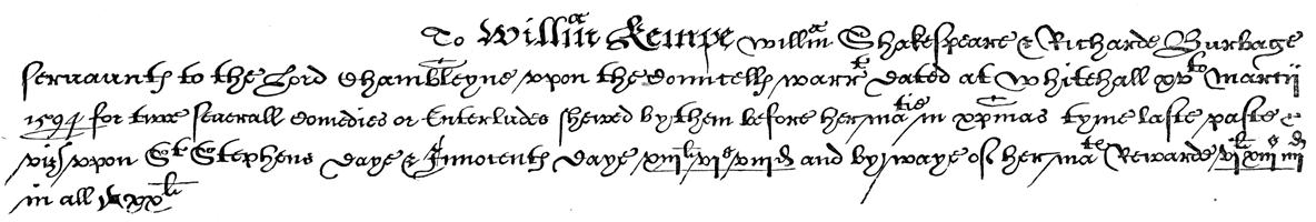 Memorandum dated 1594, the earliest evidence showing Shakespeare's leading part in the Lord Chamberlain's Company. From James Halliwell 'Illustrations of the life of Shakespeare' (1874), page 31, published size in Halliwell 26.1cm wide by 4cm high.