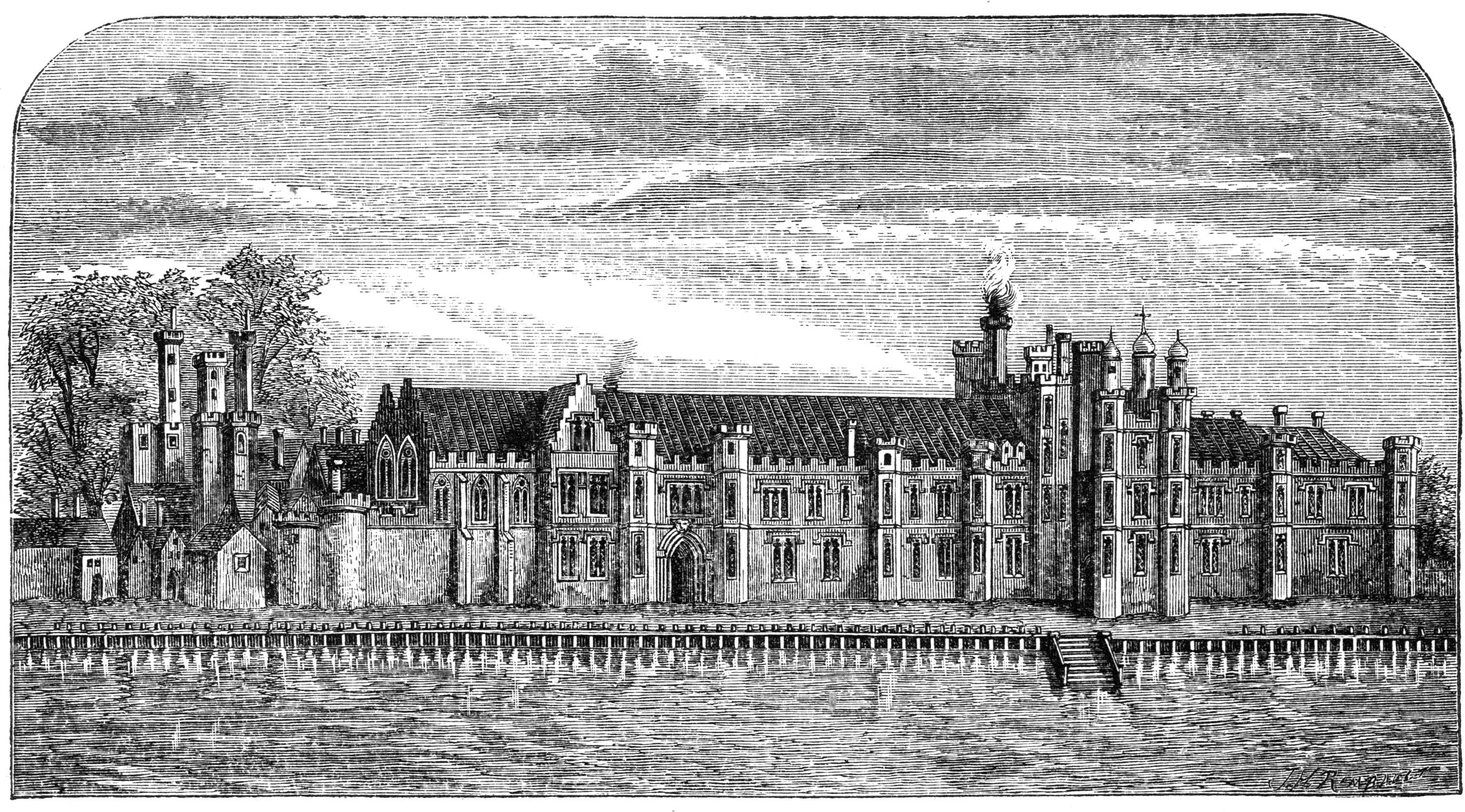 View of Greenwich Palace from a larger Basire engraving (in turn from an ancient drawing) published in 1767. From James Halliwell, 1874, page 34, published size 15cm wide by 8cm high.