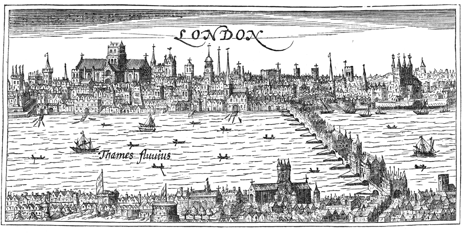 16th to 17th century London, taken from a corner of a map of Great Britain and Ireland engraved by I. Hondius, and possibly the earliest showing the original Globe Theatre. From James Halliwell 'Illustrations of the life of Shakespeare' (1874), page 44, published size in Halliwell 16cm wide by 7.6cm high.