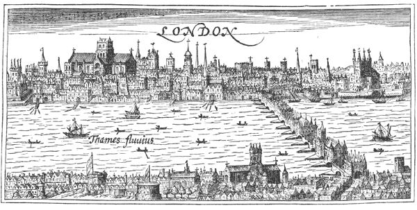 16th to 17th century London, taken from a corner of a map of Great Britain and Ireland engraved by I. Hondius, and possibly the earliest showing the original Globe Theatre.  From James Halliwell 'Illustrations of the life of Shakespeare' (1874), page 44, published size in Halliwell 16cm wide by 7.6cm high