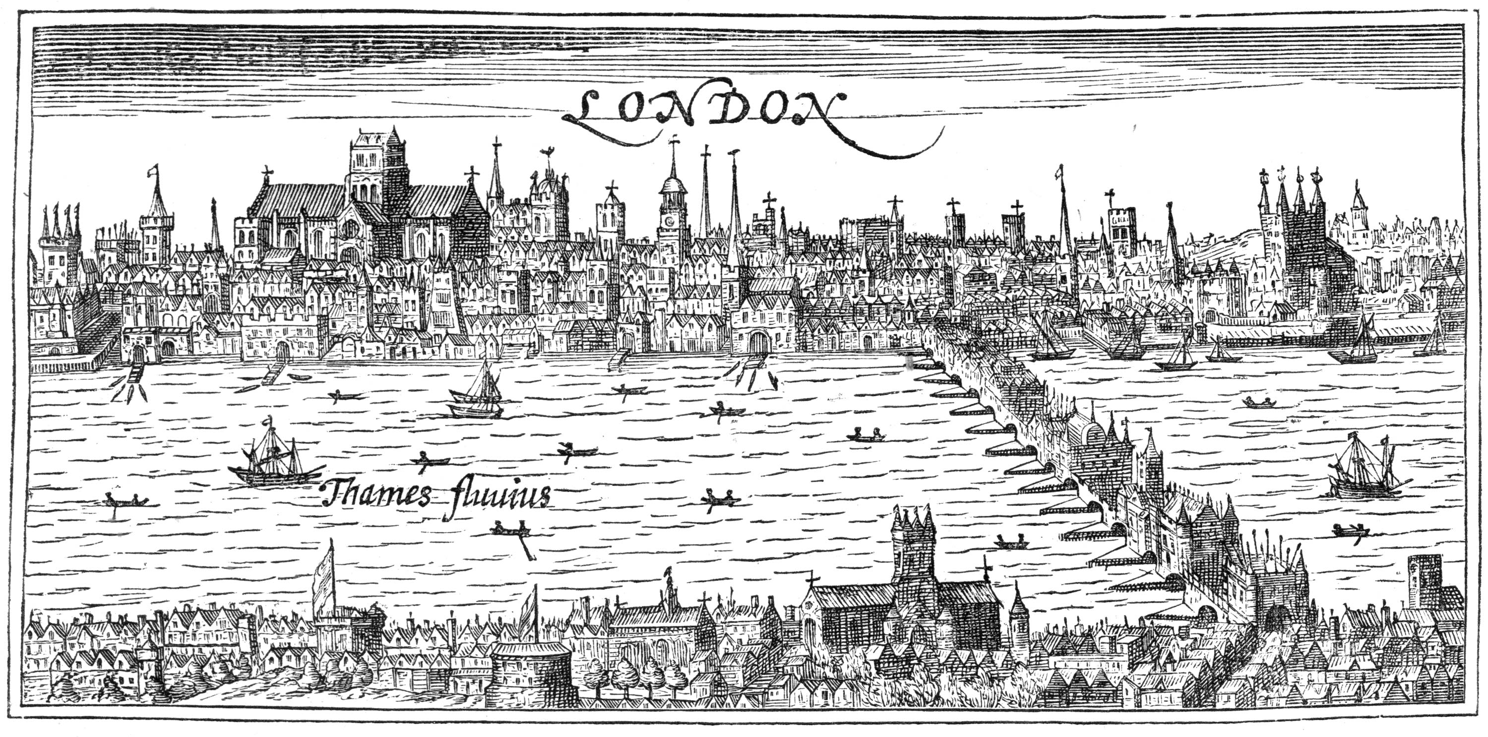 16th to 17th century London, taken from a corner of a map of Great Britain and Ireland engraved by I. Hondius, and possibly the earliest showing the original Globe Theatre. From James Halliwell 'Illustrations of the life of Shakespeare' (1874), page 44, published size in Halliwell 16cm wide by 7.6cm high.