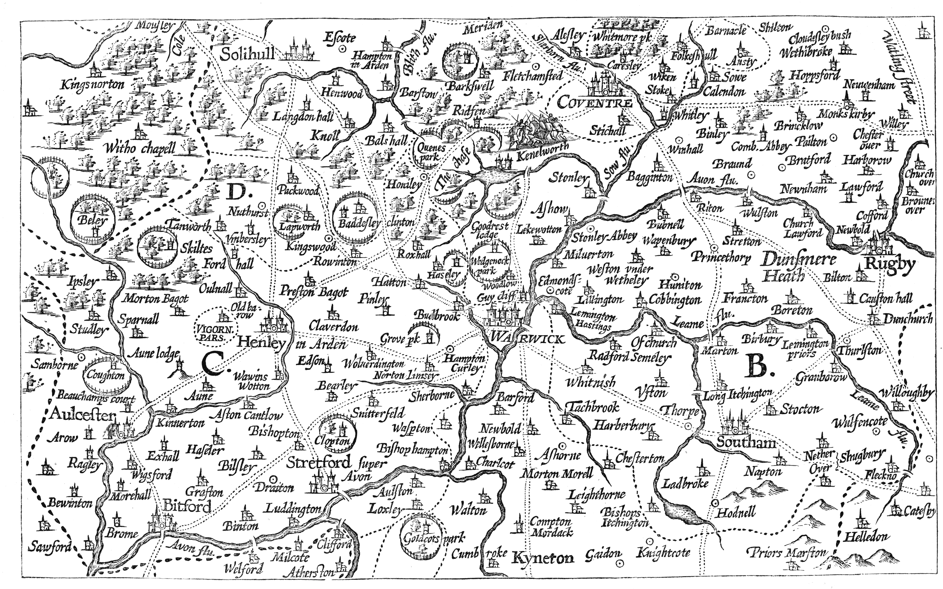 Map of Warwickshire engraved in 1603.  From James Halliwell 'Illustrations of the life of Shakespeare' (1874), page 63, published size in Halliwell 24.6cm wide by 15.1cm high.
