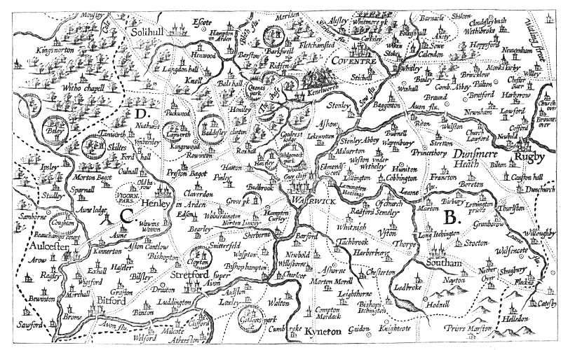 Map of Warwickshire engraved in 1603.  From James Halliwell 'Illustrations of the life of Shakespeare' (1874), page 63, published size in Halliwell 24.6cm wide by 15.1cm high.