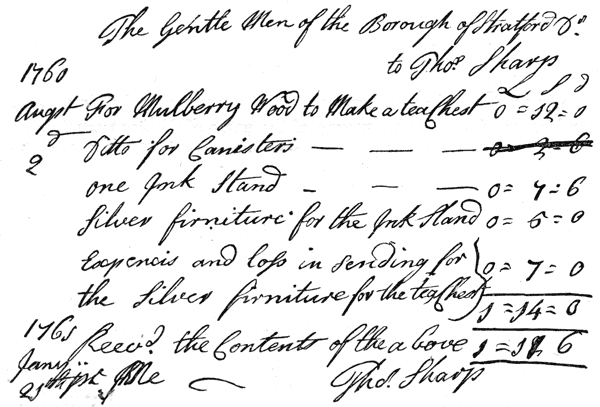 Receipt,1760, from the Stratford Corporation to Thomas Sharp for wood relic allegedly from the original Shakespeare Mulberry Tree. From James Halliwell 'Illustrations of the life of Shakespeare' (1874), page 66, published size in Halliwell 12.2 cm wide by 8.2 cm high.