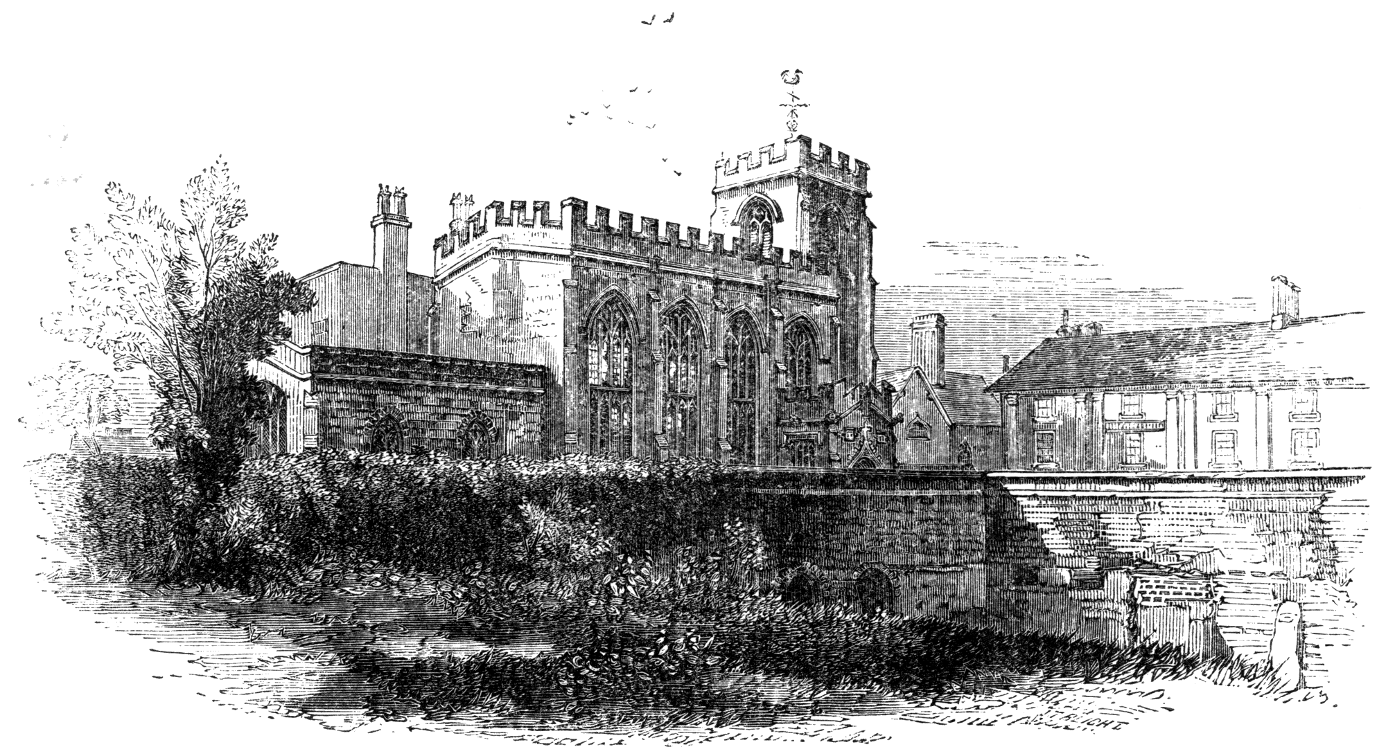 Excavations of New Place, Stratford upon Avon, with the Chapel beyond. Engraving by J.T. Blight? From James Halliwell 'Illustrations of the life of Shakespeare' (1874), page 72, published size in Halliwell  12.9cm wide by 6.9cm high.