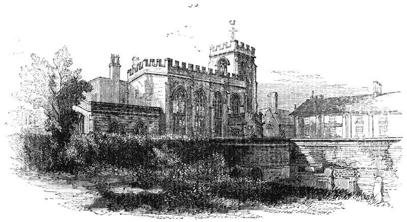 Excavations of New Place, Stratford upon Avon, with the Chapel beyond. Engraving by J.T. Blight? From James Halliwell 'Illustrations of the life of Shakespeare' (1874), page 72, published size in Halliwell  12.9cm wide by 6.9cm high.