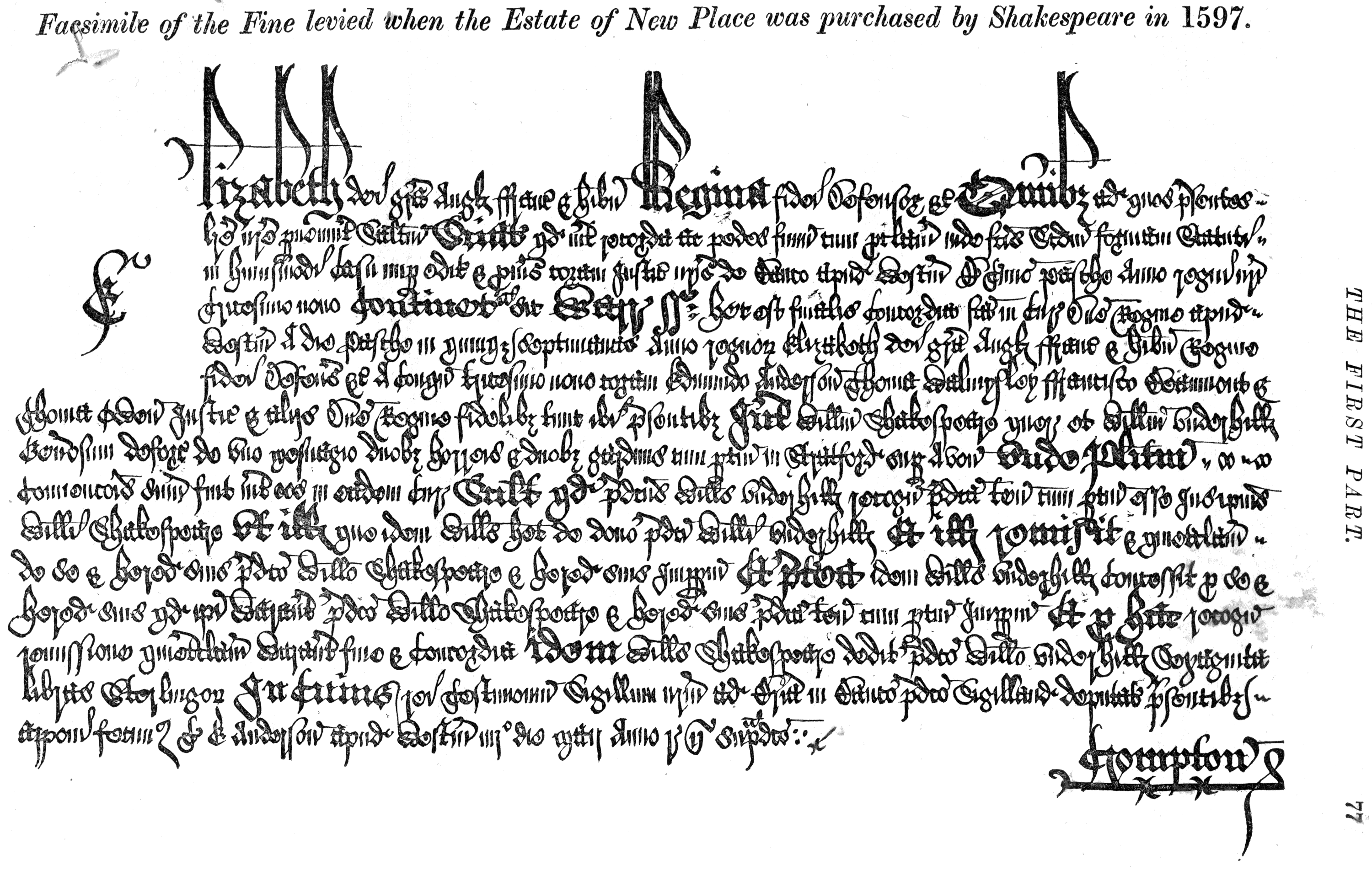 Facsimile of fine levied when New Place, Stratford on Avon, was purchased by Shakespeare in 1597. From James Halliwell 'Illustrations of the life of Shakespeare' (1874), page 77, published size 23.5cm wide by 14.7cm high.