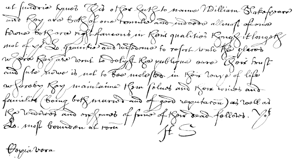 Facsimile from a letter from Lord Southampton mentioning Shakespeare. From James Halliwell 'The Life of William Shakespeare', 1848, page xviii (opp. p.1). Original published size 17.5cm wide by 9.4cm high.