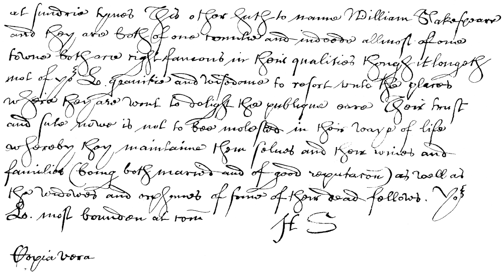 Facsimile from a letter from Lord Southampton mentioning Shakespeare. From James Halliwell 'The Life of William Shakespeare', 1848, page xviii. Original published size 17.5cm wide by 9.4cm high.