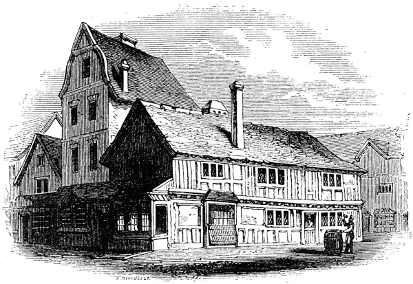 Old houses in Henley Street, Stratford-upon-Avon, 1810. From James Halliwell 'The Life of William Shakespeare', 1848, page 1. Original published size 8.5cm wide by 5.9cm high.