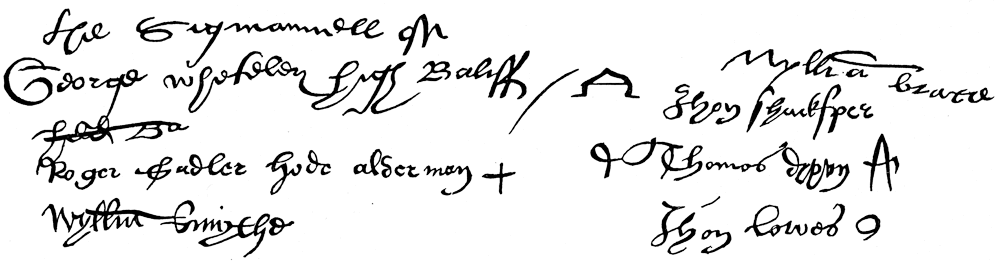 Signatures of the bailiff and aldermen of Stratford, 1565. From James Halliwell 'The Life of William Shakespeare', 1848, page 18. Original published  - vertically -  size 4cm wide by 16.2cm high.