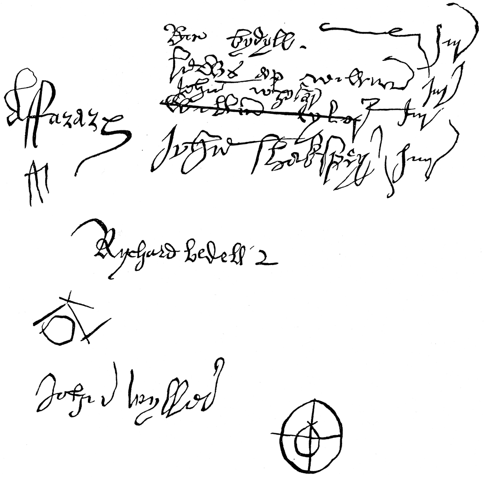 Signatures and marks from a roll of court-leet. From James Halliwell 'The Life of William Shakespeare', 1848, page 19. Original published size 11.9cm wide by 11.9cm high.