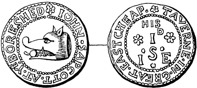 Penny-token of the Boar's Head tavern. From James Halliwell 'The Life of William Shakespeare', 1848, page 193. Original published size 5.3cm wide by 2.4cm high.