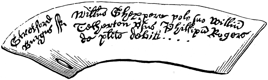 Docket of action brought by Shakespeare for malt sold in 1604. From James Halliwell 'The Life of William Shakespeare', 1848, page 208. Original published size 7.6cm wide by 2.2cm high.