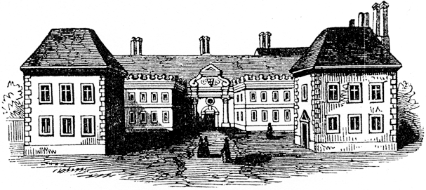 Stratford College, the residence of John Combe, early 17th century. From James Halliwell 'The Life of William Shakespeare', 1848, page 232. Original published size 7.5cm wide by 3.4cm high.