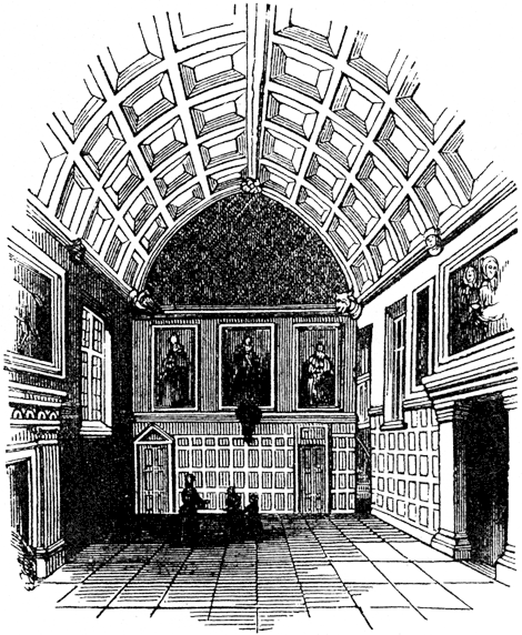 Interior of the Hall of Stratford College, 1785. From James Halliwell 'The  Life of William Shakespeare', 1848, page 240. Original  published size 5.8cm wide by 7.2cm high.