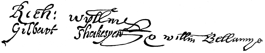 Autograph of Gilbert Shakespeare. From James Halliwell 'The Life of William Shakespeare', 1848, page 282. Original published size 11cm wide by 2.2cm high.