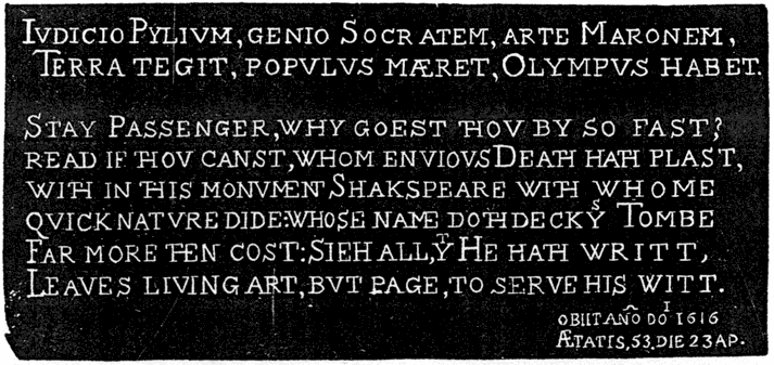 Lines under the monument to Shakespeare. From James Halliwell 'The Life of William Shakespeare', 1848, page 289. Original published size 8.9cm wide by 4.2cm high.