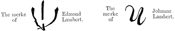 The marks of Edmond and Joan Lambert, 1581. From James Halliwell 'The Life of William Shakespeare', 1848, page 7. Original published size 9.1cm wide by 1.65cm high.