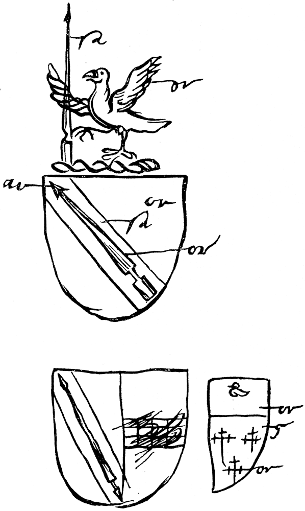 Original sketch of Shakespeare's arms, 1599. From James Halliwell 'The Life of William Shakespeare', 1848, page 79. Original published size 5.2cm wide by 9cm high.