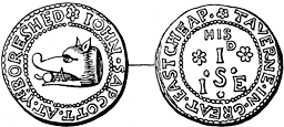 Penny-token of the Boar's Head tavern. Published size 5.3cm wide by 2.4cm high.