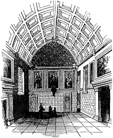 Interior of the Hall of Stratford College, 1785. Published size 5.8cm wide by 7.2cm high.