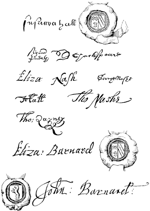 Autograph and Seal of Susanna Hall; Mark of Judith Shakespeare; Signatures of Eliza, George, and Thomas Nash; Autograph of Dr. John Hall; Autograph of Thomas Quiney; Seal and Autograph of Elizabeth Barnard; The same of Sir John Barnard. Published size 12cm wide by 17cm high.