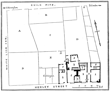 Plan of the Shakespeare property in Henley Street, Stratford upon Avon. Published size 11.3cm wide by 9.5cm high.