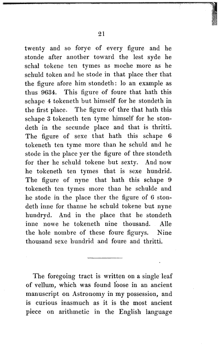 James Halliwell 'A Treatise on the Numeration of Algorism from a MS. of the 14th century', 1838, third page, original published size 13cm wide (to spine) by 21.25cm high.