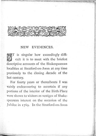 James Halliwell 'New Evidences in confirmation of the Traditional Recognition of Shakespeare's Birth-Room', 1888, page 7, original published size 10cm wide by 13.2cm high.