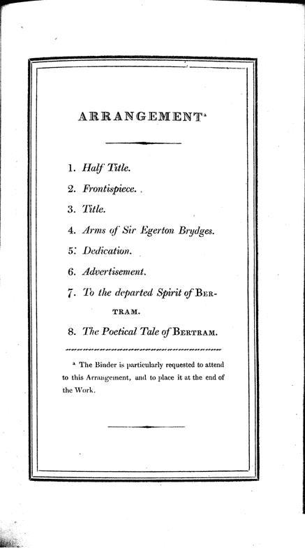 Advertisement (contents at end). From Sir Egerton Brydges 'Bertram' 1814, page 69, published size of box area 10.2cm wide by 18.2cm high.