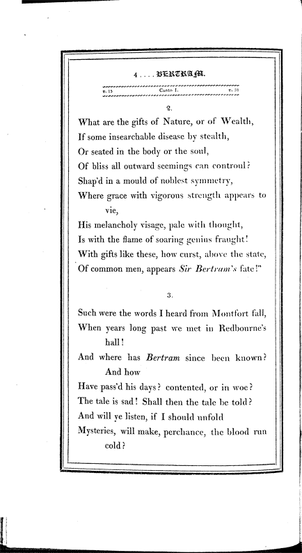 From Sir Egerton Brydges 'Bertram' 1814, page 4, published size of box area 10.1cm wide by 18.2cm high.