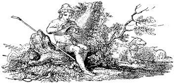 Boy sitting on tree stump, in Lee Priory Press 'Bertram' 1814, p. 68, published size 7.4cm wide x 3.5cm high. (This image is resized from the same in 'Woodcuts and Verses' p.53.)