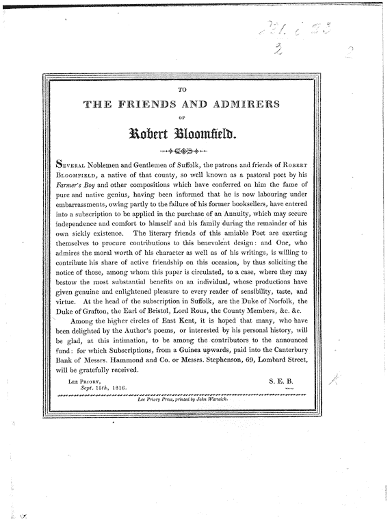 Request for a subscription to help the Suffolk poet Robert Bloomfield in 1816 by Samuel Egerton Brydges, published size (box) 12.5cm wide by 15.3cm high, in a page 17.5cm wide by 22.7cm high. This edition is published with other poetic items, in the same style but not related to them.